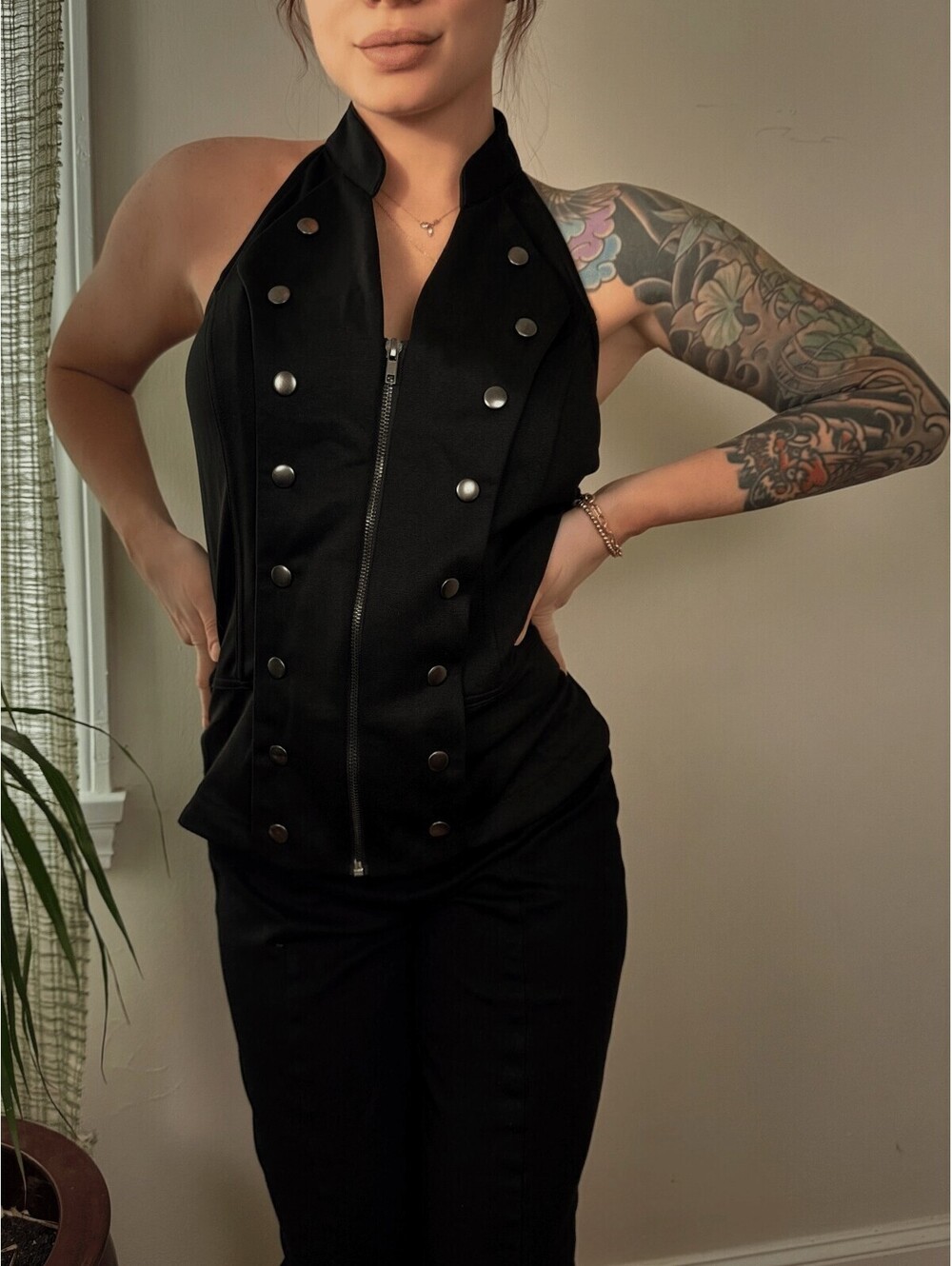 Y2K Groovy Black Military Halter Vest Zip Up Top S